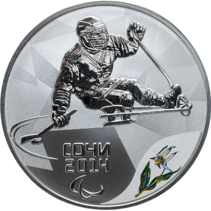 3 рубля 2014 СПМД"XXII Зимняя Олимпиада в Сочи - паралимпийские игры, следж хоккей на льду", в футляре с сертификатом