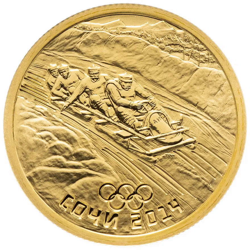 50 рублей 2014 СПМД Proof "Бобслей" в подарочном футляре с сертификатом, реверс