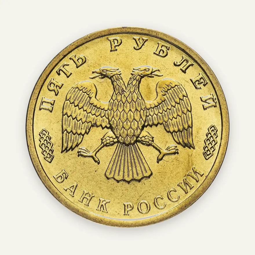 5 рублей 1995 ЛМД 50 лет Великой Победы комбат, реверс