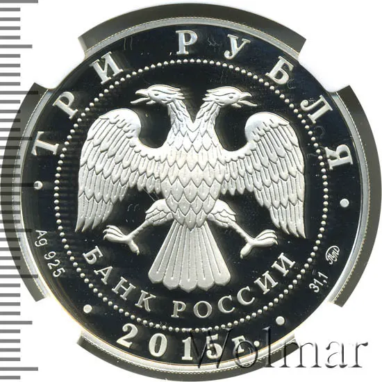 3 рубля 2015 ММД Proof Год литературы в России, реверс