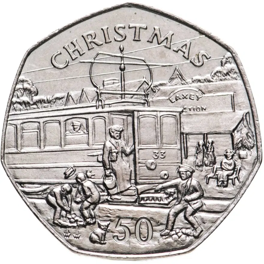 Остров Мэн. 50 пенсов (pence) 1989. "Рождество", отметка штемпеля "АA"