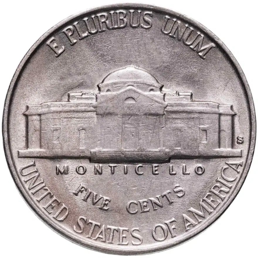 США 5 центов (cents) 1941  Jefferson Nickel знак монетного двора: "S" - Сан-Франциско, реверс