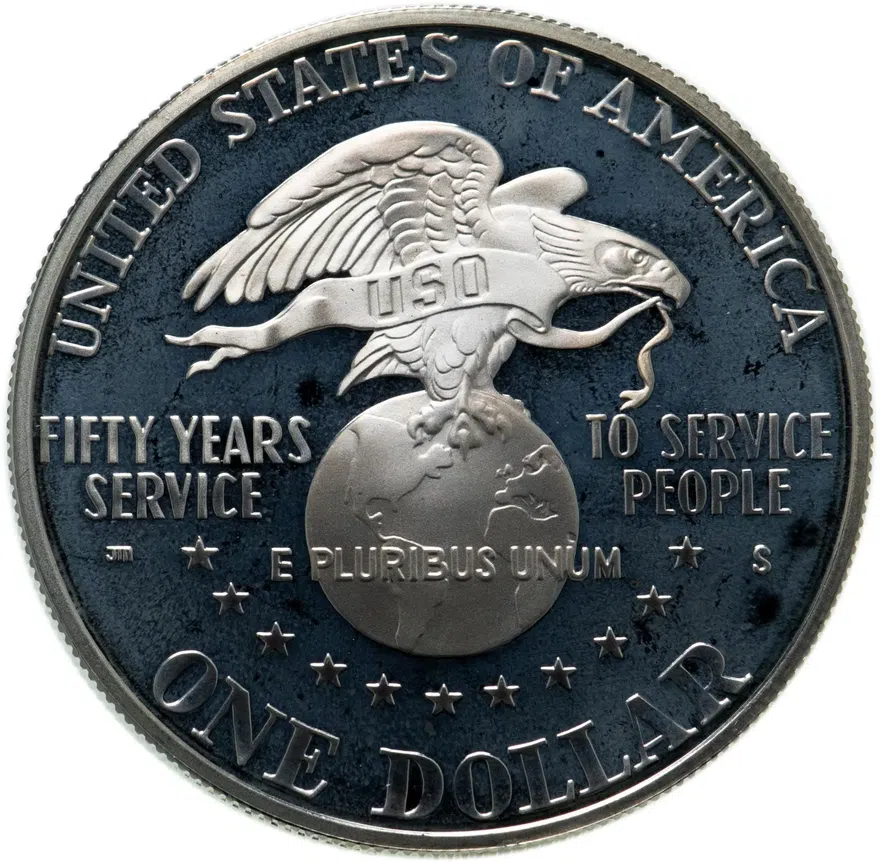США 1 доллар (dollar) 1991 "50 лет объединённым организациям обслуживания" (S), аверс