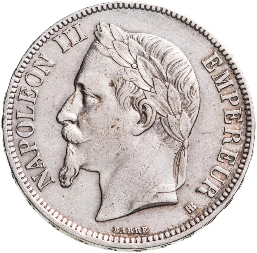 Франция 5 франков (francs) 1867 BB Серебро /серый цвет/ знак монетного двора: "BB" - Страсбург