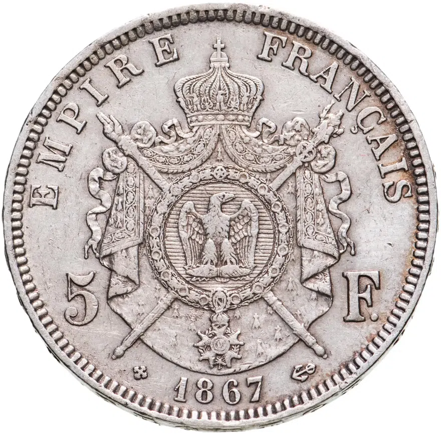 Франция 5 франков (francs) 1867 BB Серебро /серый цвет/ знак монетного двора: "BB" - Страсбург, реверс