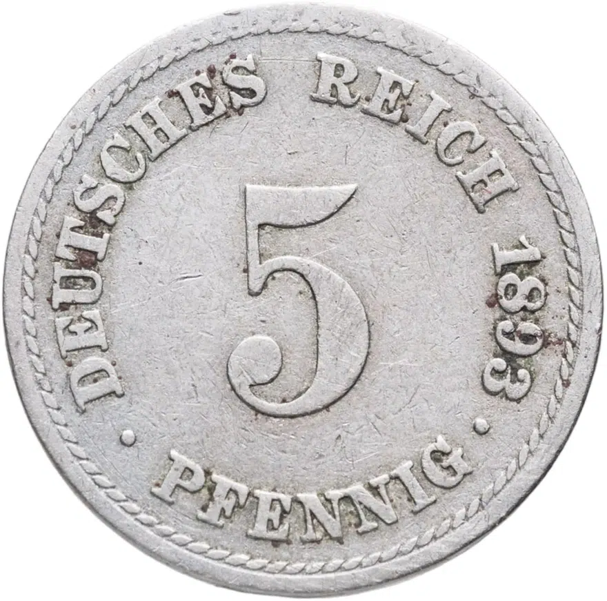 Германия 5 пфеннигов (pfennig) 1893 A  знак монетного двора: "A" - Берлин, аверс