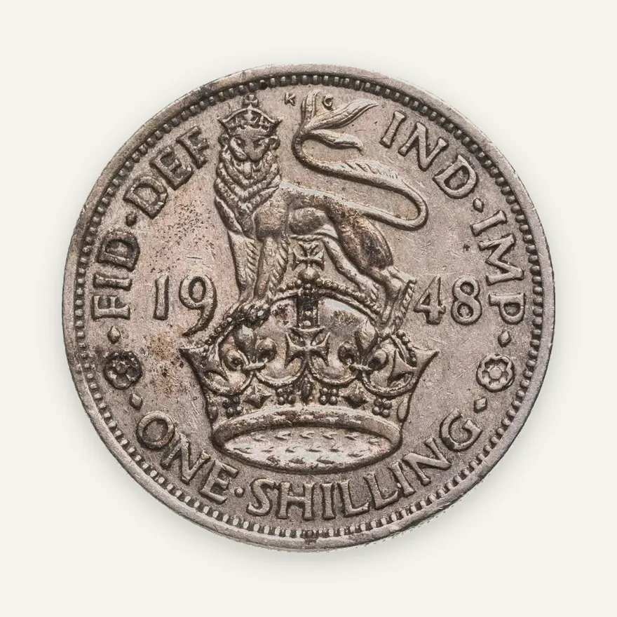 Великобритания 1 шиллинг (shilling) 1948  Английский шиллинг - лев, стоящий на короне, аверс