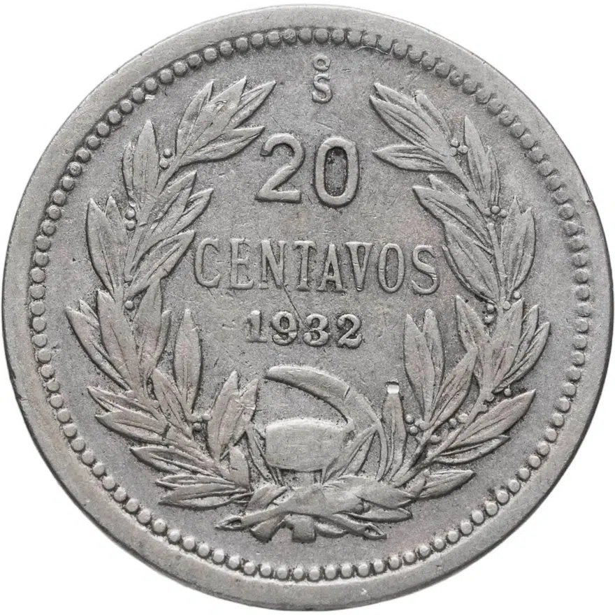 Чили 20 сентаво (centavos) 1932   Без имени дизайнера O.ROTY на аверсе, реверс
