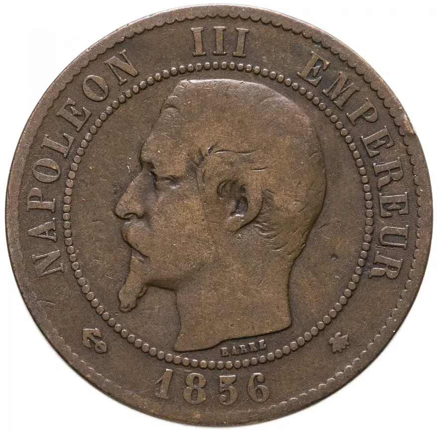 Франция 10 сантимов (centimes) 1856 знак монетного двора: "B" - Руан Франция, реверс