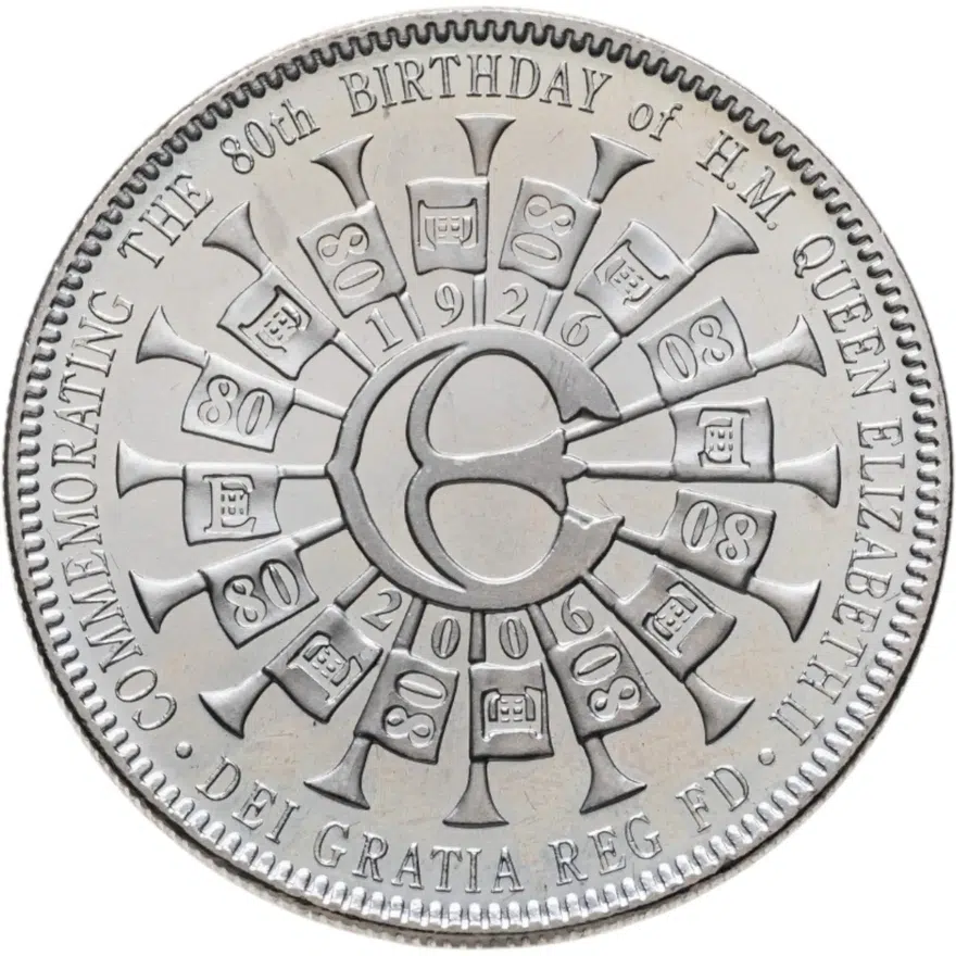 Тристан-да-Кунья 5 фунтов (pounds) 2006 "80 лет со дня рождения Королевы Елизаветы II - монограмма"