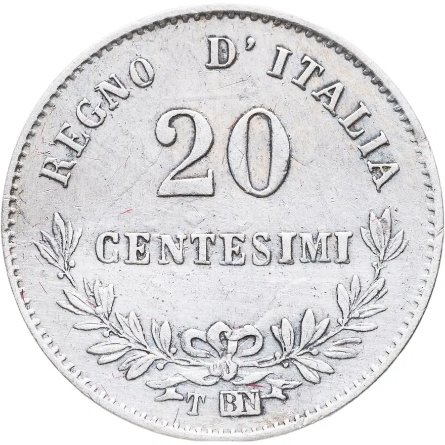 Италия 20 чентезимо (centesimi) 1863 T  знак монетного двора: "T" - Турин, реверс
