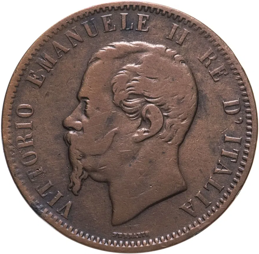Италия 10 чентезимо (centesimi) 1867 N  знак монетного двора: "N" - Неаполь, реверс