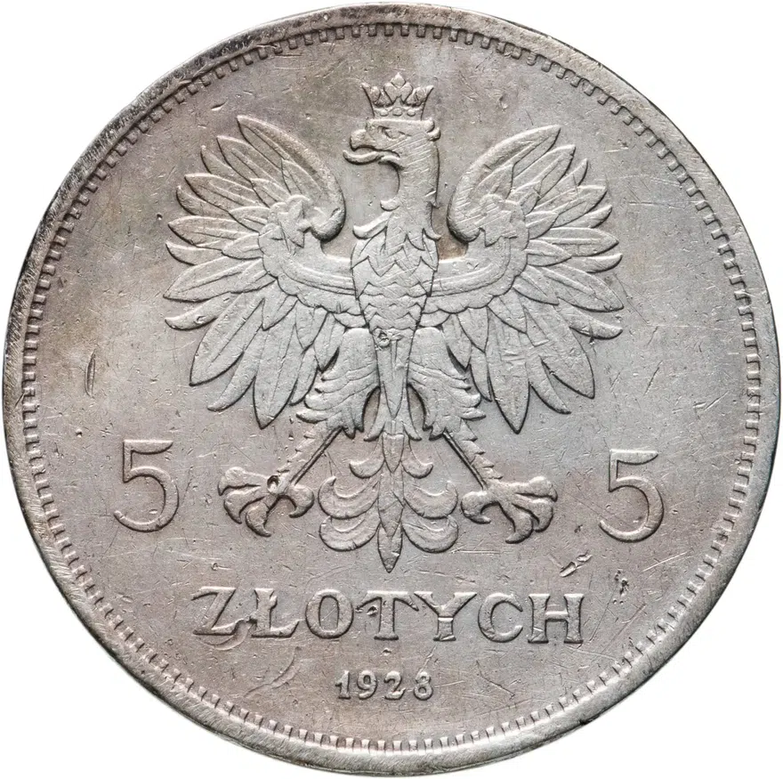 Польша 5 злотых (zlotych) 1928 K Ника знак монетного двора: "K", реверс