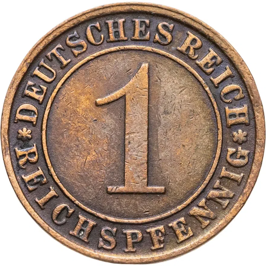 Германия 1 рейхспфенниг (reichspfennig) 1924 J  знак монетного двора "J" — Гамбург
