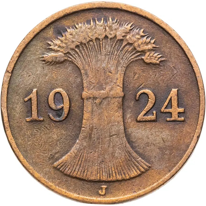 Германия 1 рейхспфенниг (reichspfennig) 1924 J  знак монетного двора "J" — Гамбург, реверс
