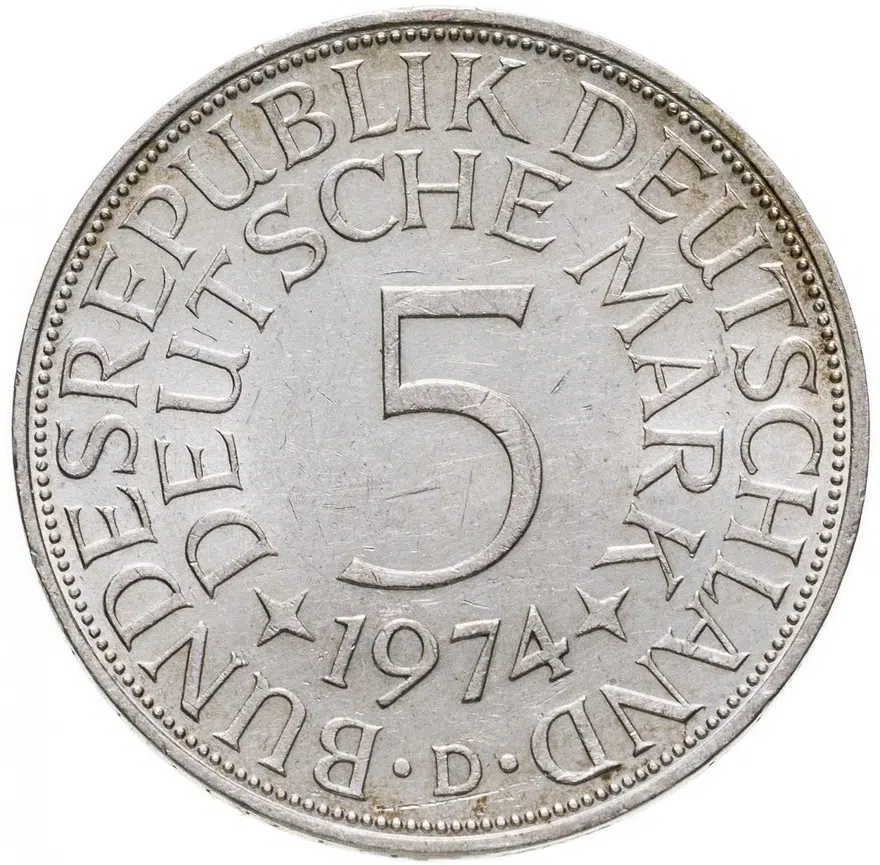 Германия 5 марок (mark) 1974 D  знак монетного двора: "D" - Мюнхен