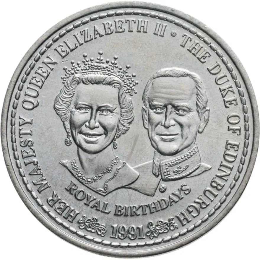 Тёркс и Кайкос 1 крона (crown) 1991 65 лет со дня рождения Елизаветы II и 70 лет со дня рождения Принца Филиппа, реверс