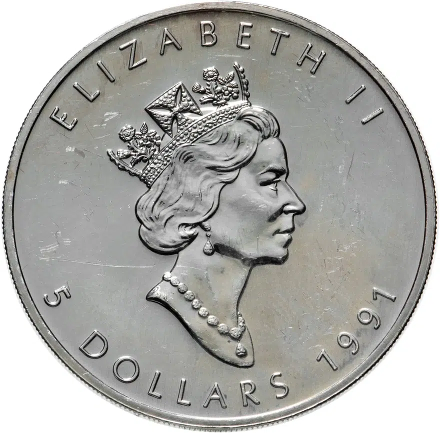 Канада 5 долларов (dollars) 1991  Кленовый лист, реверс