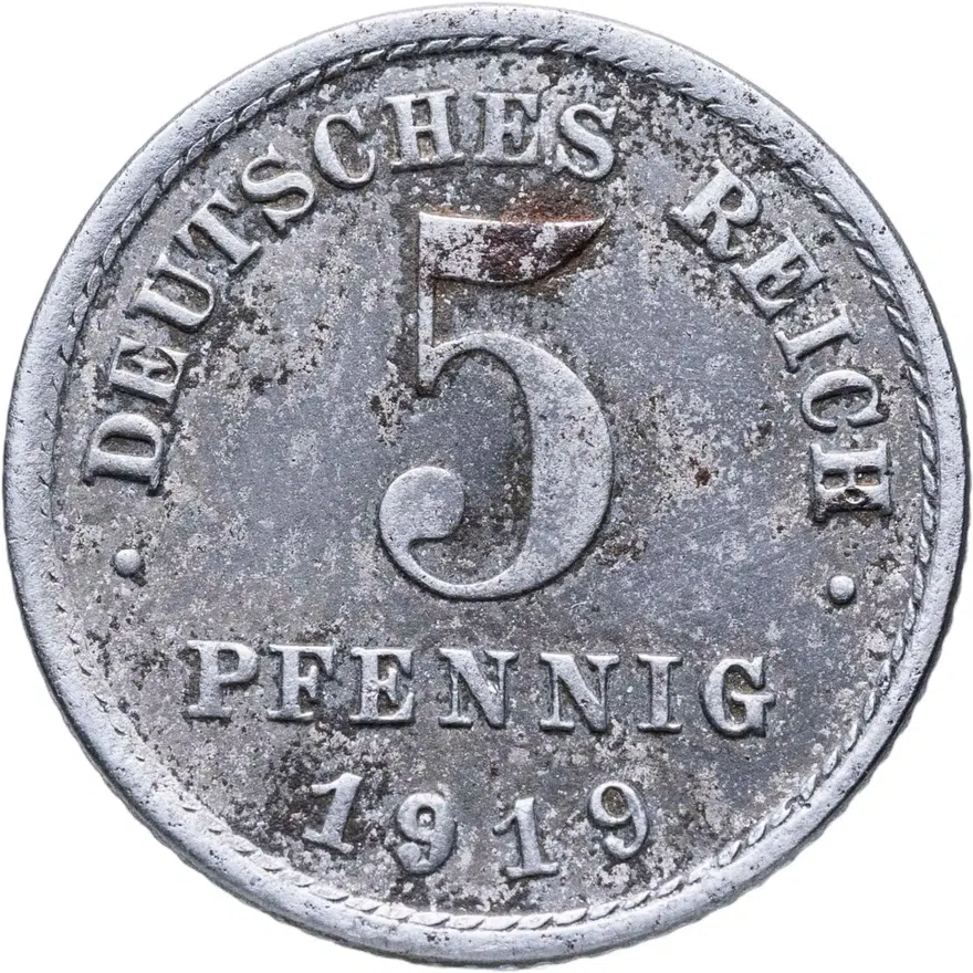 Германия 5 пфеннигов (pfennig) 1919 E  знак монетного двора: "E" - Мульденхюттен