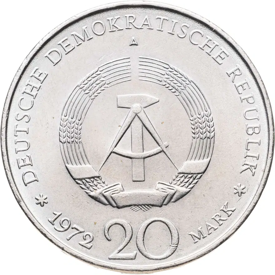 Германия (ГДР) 20 марок (mark) 1972  Первый президент ГДР - Вильгельм Пик, реверс