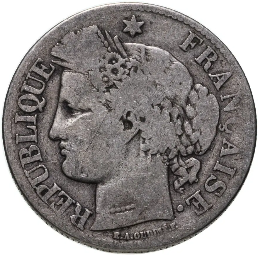 Франция 2 франка (francs) 1871 A LIBERTE·EGALITE·FRATERNITE знак монетного двора: "A" - Париж, реверс