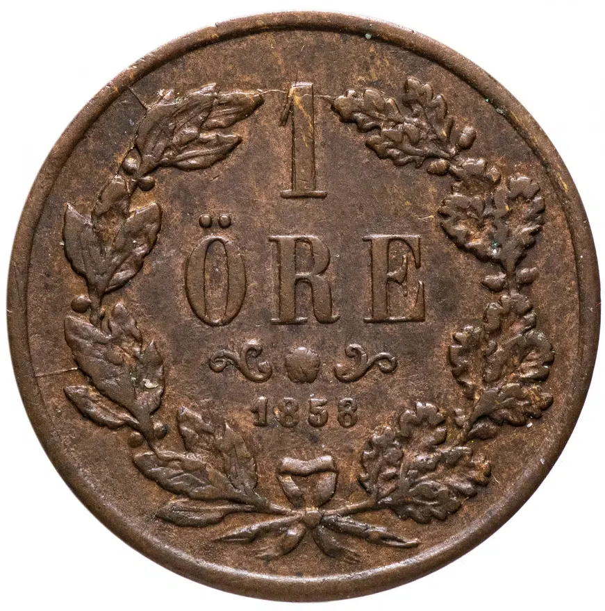 Швеция 1 эре (ore) 1858 буквы L.A под бюстом