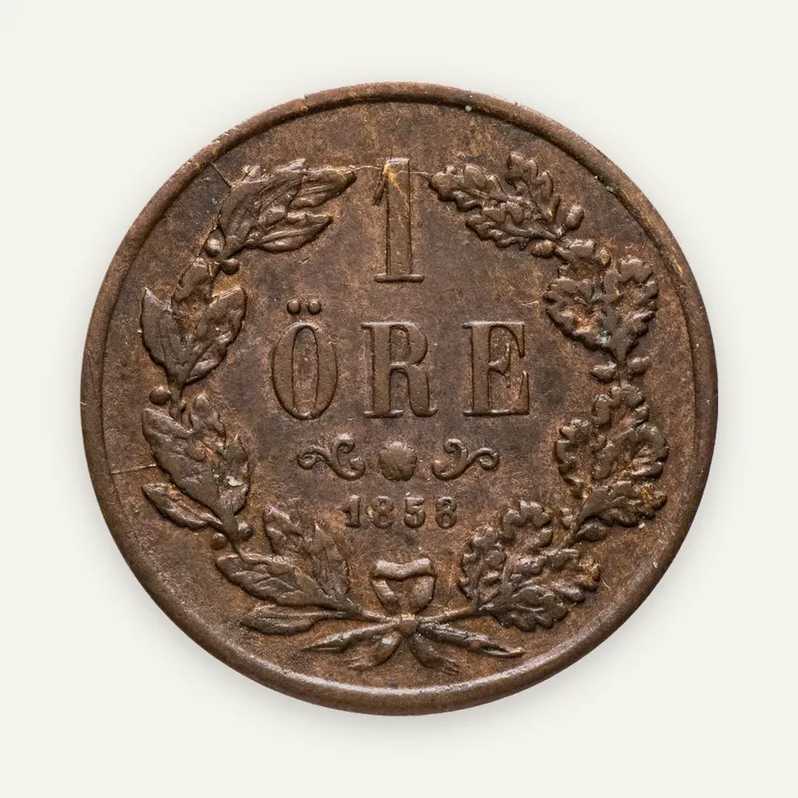 Швеция 1 эре (ore) 1858 буквы L.A под бюстом, реверс
