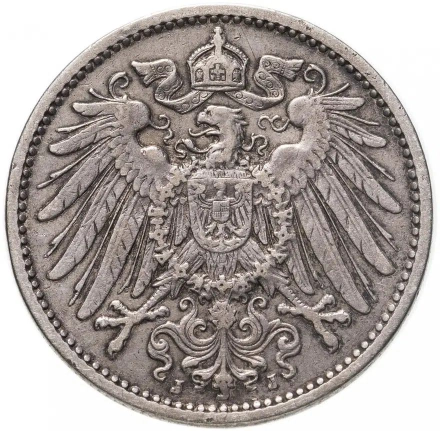 Германия 1 марка (mark) 1902 J  знак монетного двора: "J" - Гамбург, реверс