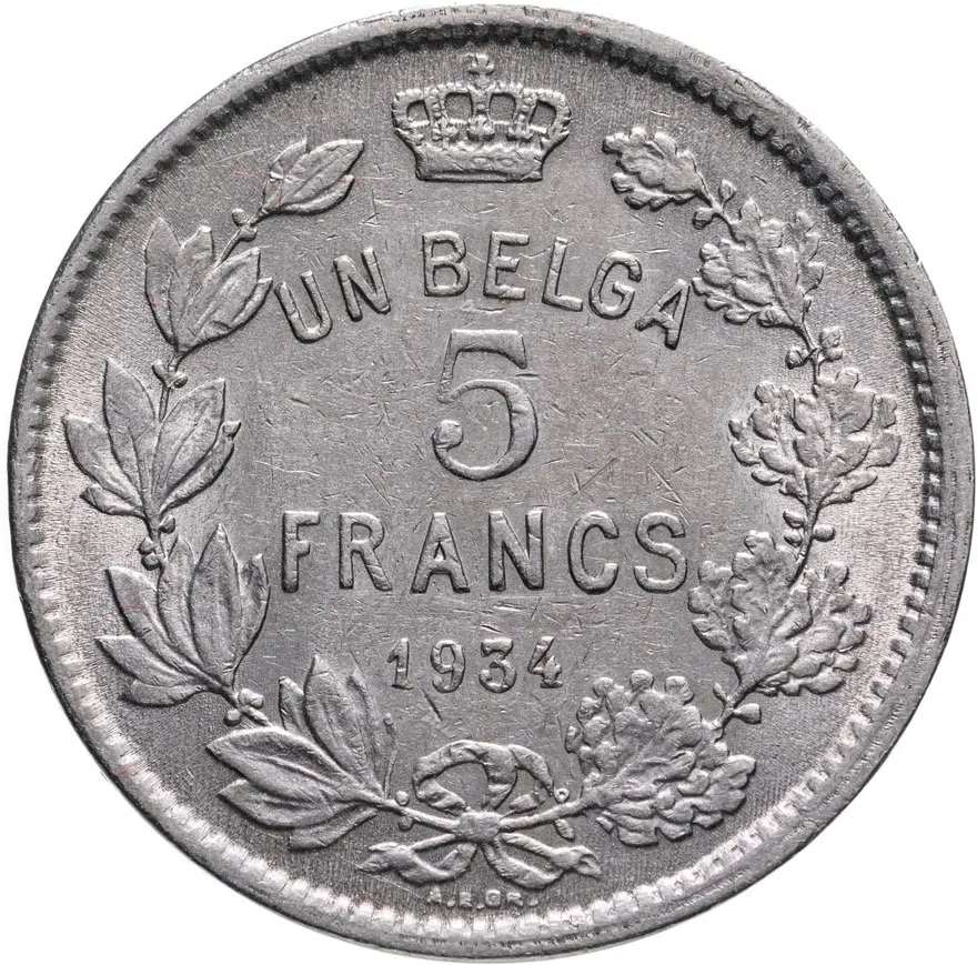 Бельгия 5 франков (francs) 1934   надпись на французском -"ALBERT ROI DES BELGES"
