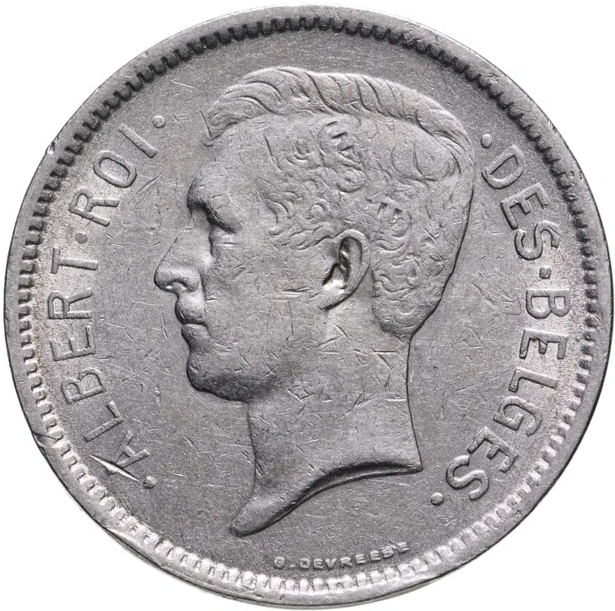 Бельгия 5 франков (francs) 1934   надпись на французском -"ALBERT ROI DES BELGES", реверс