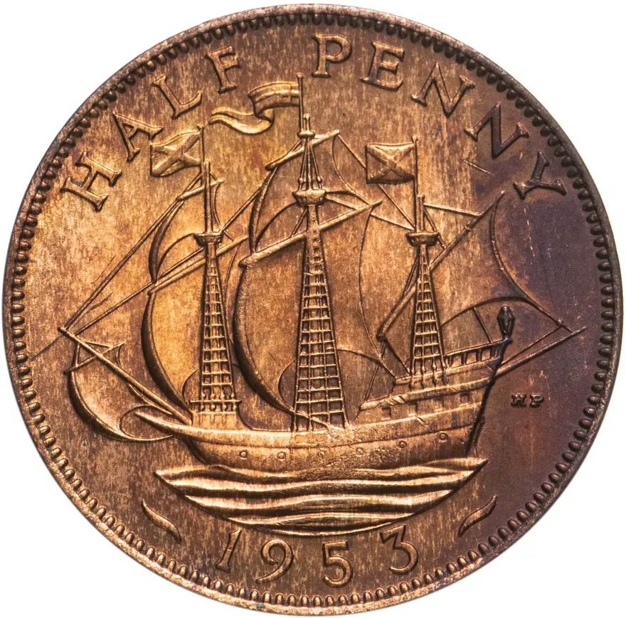 Великобритания 1/2 пенни (penny) 1953, аверс