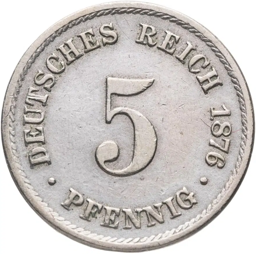 Германия 5 пфеннигов (pfennig) 1876 B  знак монетного двора: "B" - Ганновер, реверс