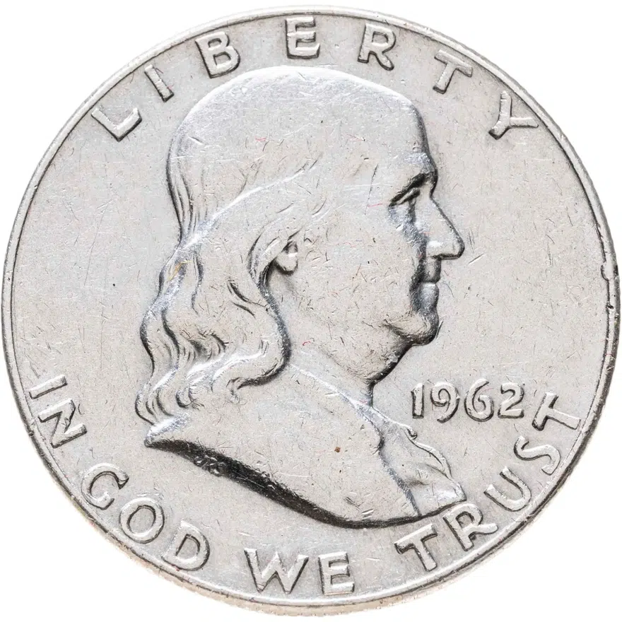 США 50 центов (1/2 доллара, half dollar) 1962 D Franklin Half Dollar (Франклин) знак монетного двора "D" - Денвер, аверс
