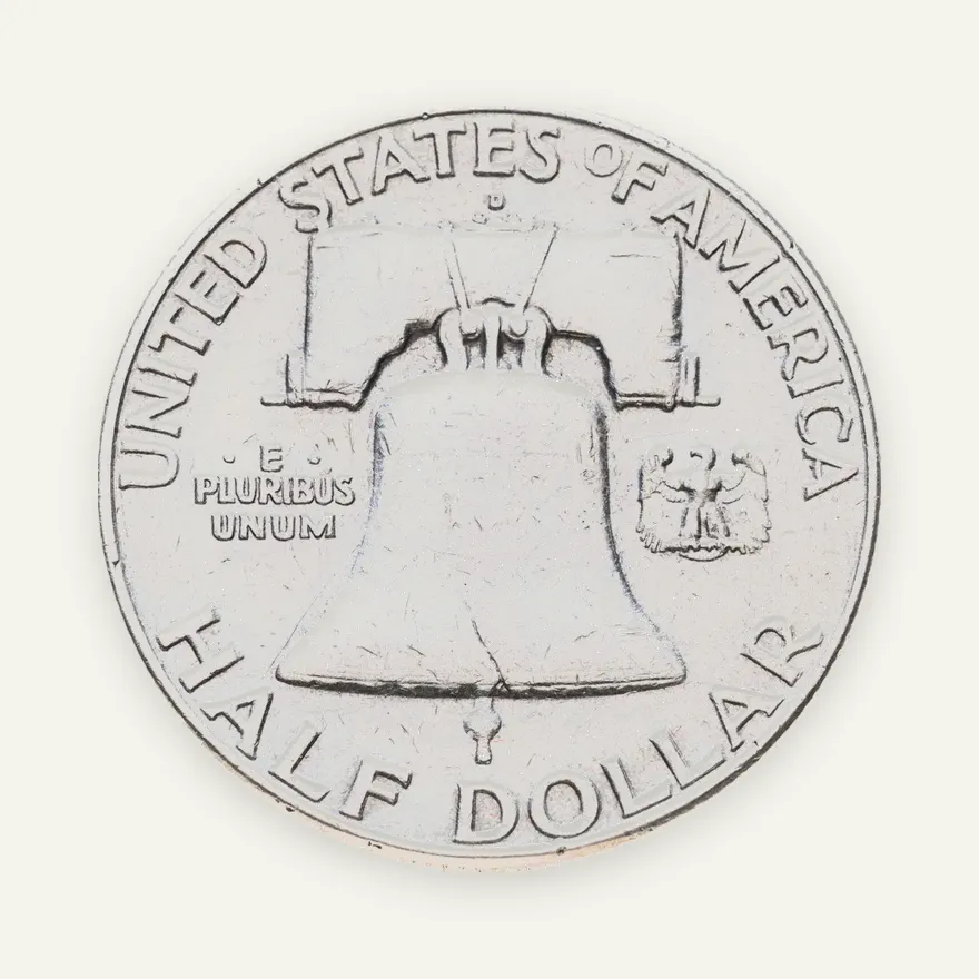 США 50 центов (1/2 доллара, half dollar) 1962 D Franklin Half Dollar (Франклин) знак монетного двора "D" - Денвер, реверс