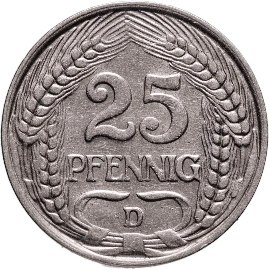 Германия 25 пфеннигов (pfennig) 1910 D  знак монетного двора: "D" - Мюнхен, аверс