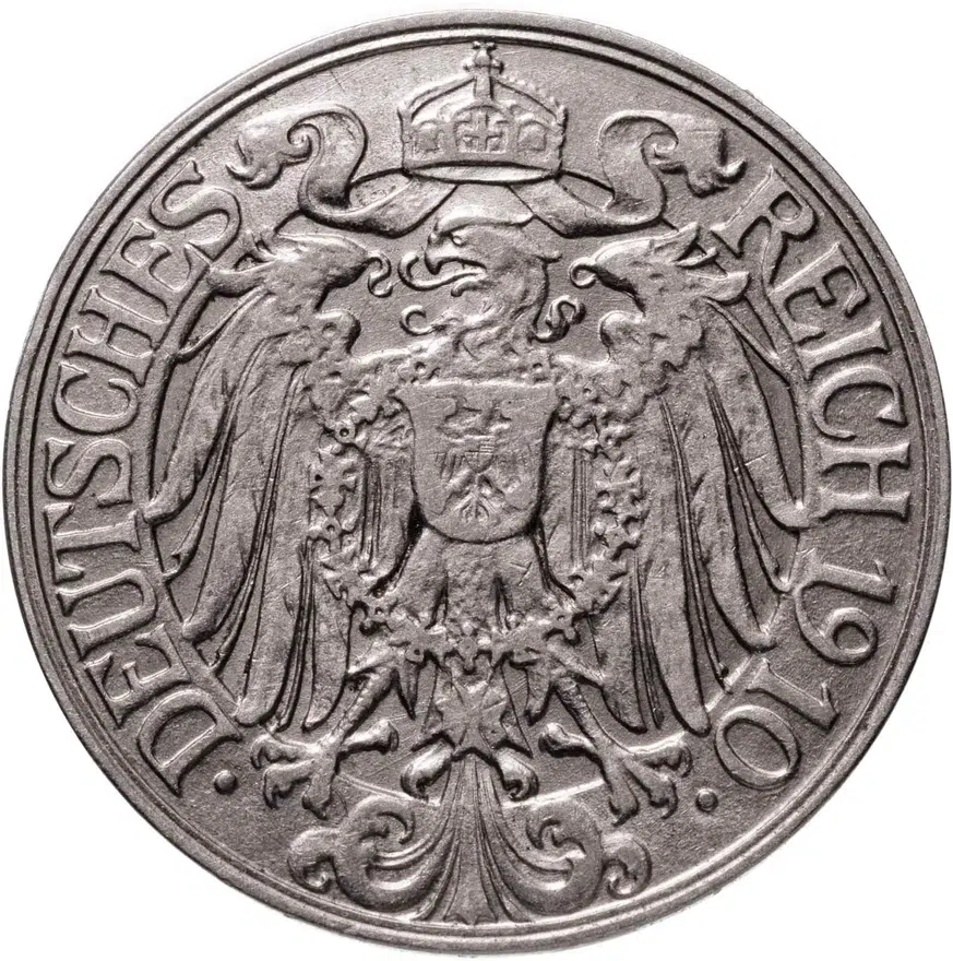 Германия 25 пфеннигов (pfennig) 1910 D  знак монетного двора: "D" - Мюнхен, реверс