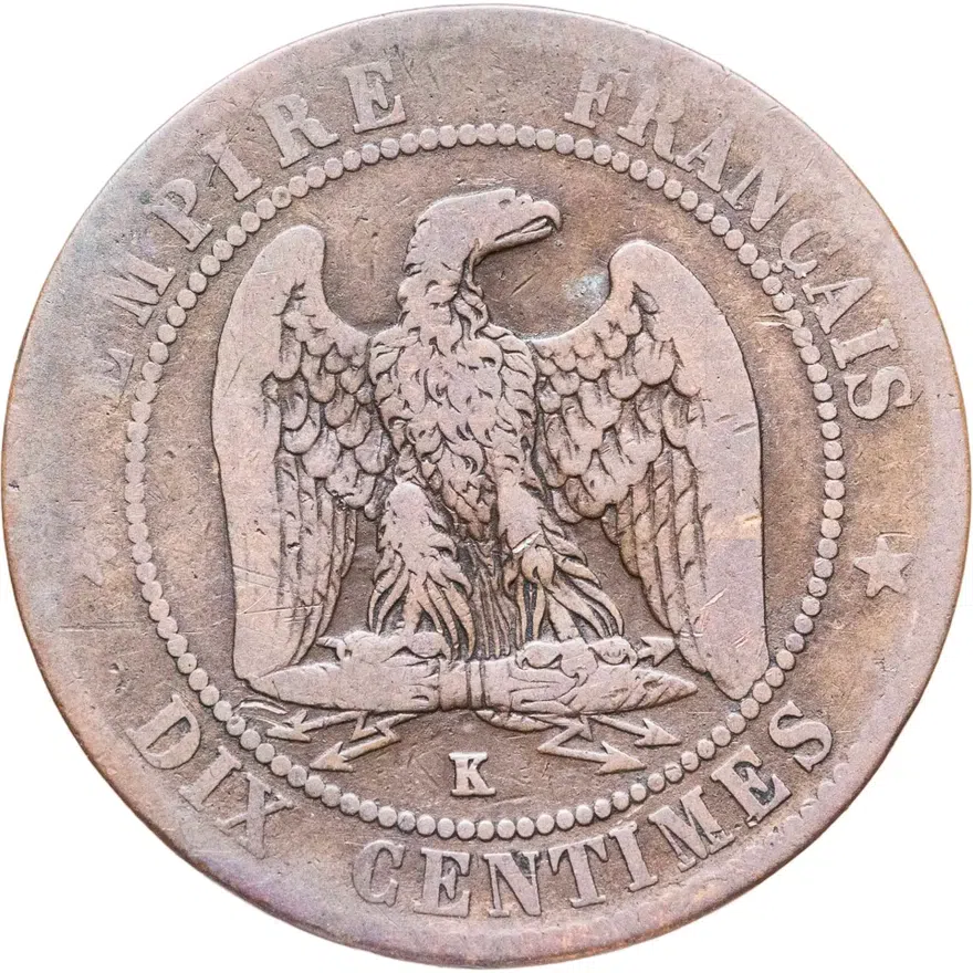 Франция 10 сантимов (centimes) 1863 K  знак монетного двора: "K" - Бордо, аверс