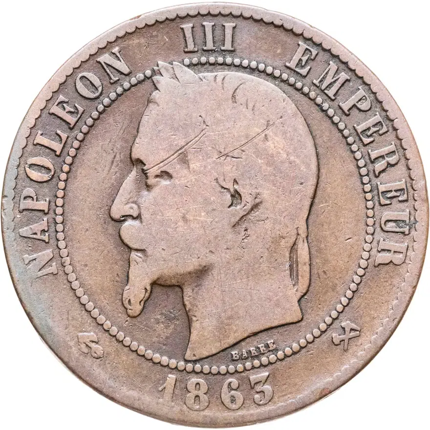 Франция 10 сантимов (centimes) 1863 K  знак монетного двора: "K" - Бордо, реверс