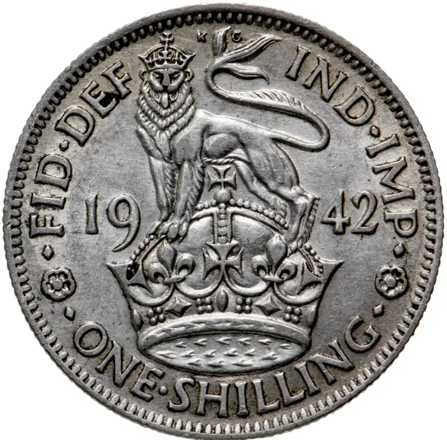 Великобритания 1 шиллинг (shilling) 1942   лев стоящий на короне