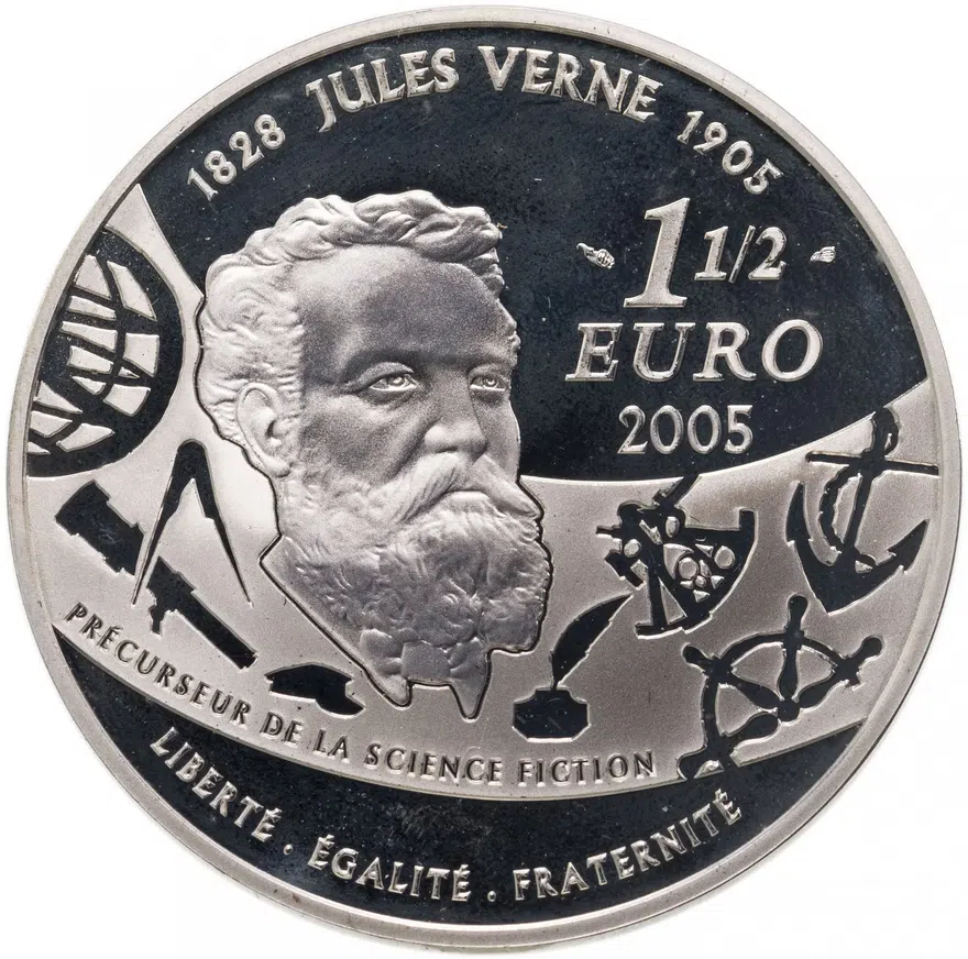 Франция 1,5 евро (euro) 2005 "Жюль Верн. «Двадцать тысяч льё под водой»"с сертификатом, реверс