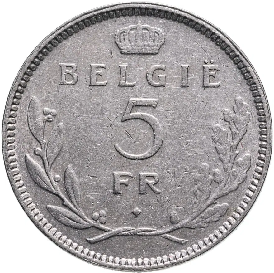 Бельгия 5 франков (francs) 1936   надпись на голландском - "BELGIE", отношение аверса к реверсе - монетное (180°)