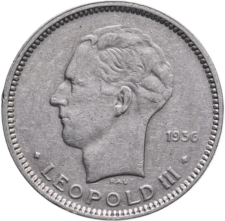 Бельгия 5 франков (francs) 1936   надпись на голландском - "BELGIE", отношение аверса к реверсе - монетное (180°), реверс