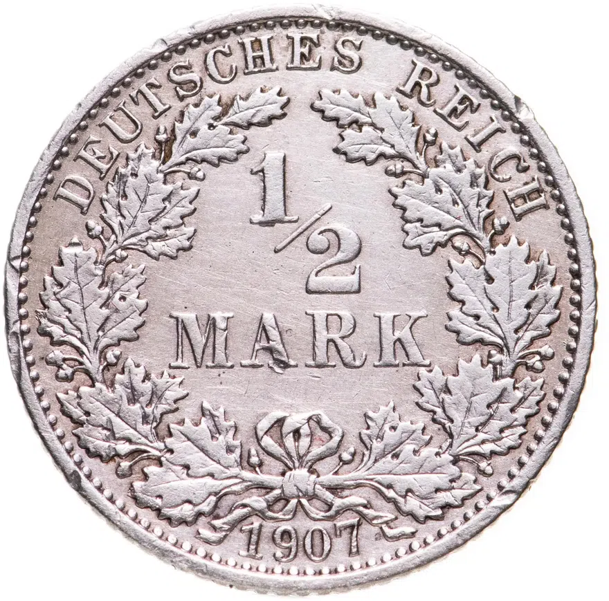 Германия 1/2 марки (mark) 1907 E  знак монетного двора: "E" - Мульденхюттен
