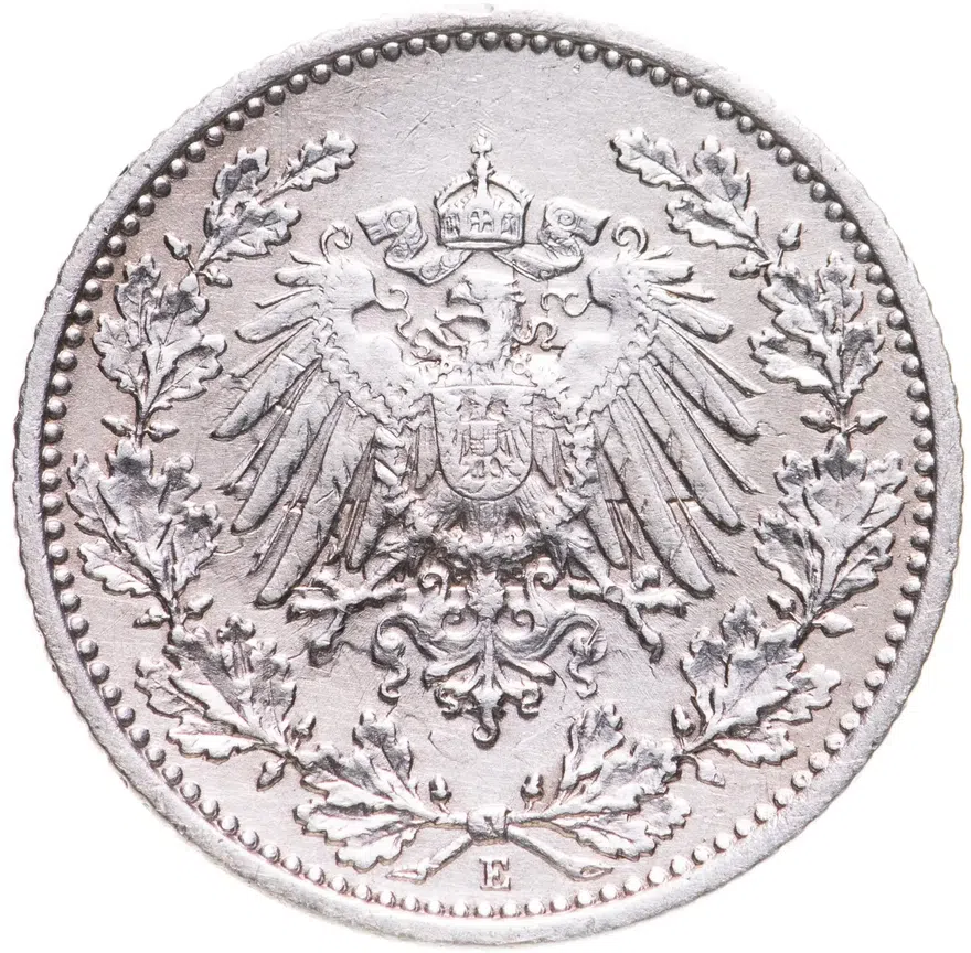 Германия 1/2 марки (mark) 1907 E  знак монетного двора: "E" - Мульденхюттен, реверс