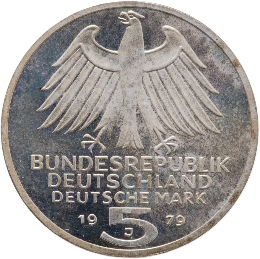 Германия 5 марок (deutsche mark) 1979  150 лет Немецкому археологическому институту, аверс