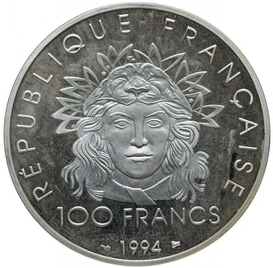 Франция 100 франков (francs) 1994  XXVI летние Олимпийские Игры, Атланта 1996 - Метание диска, реверс