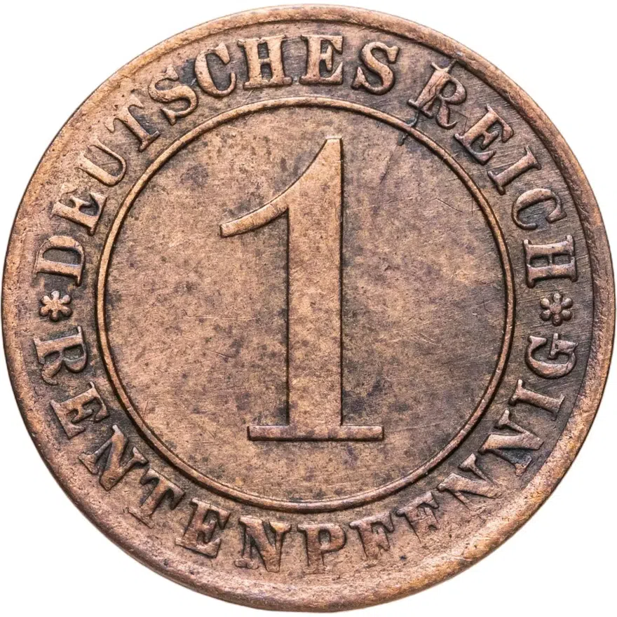 Германия 1 пфенниг (рентенпфенниг, rentenpfennig) 1924 E  знак монетного двора "E" — Мульденхюттен