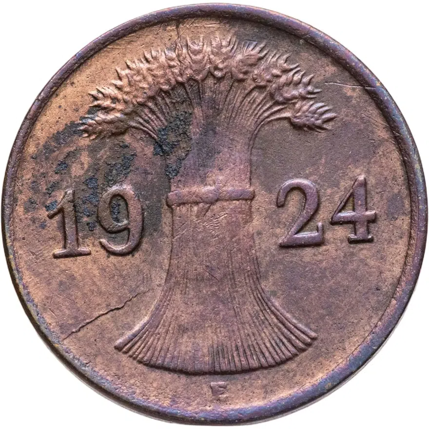 Германия 1 пфенниг (рентенпфенниг, rentenpfennig) 1924 E  знак монетного двора "E" — Мульденхюттен, реверс