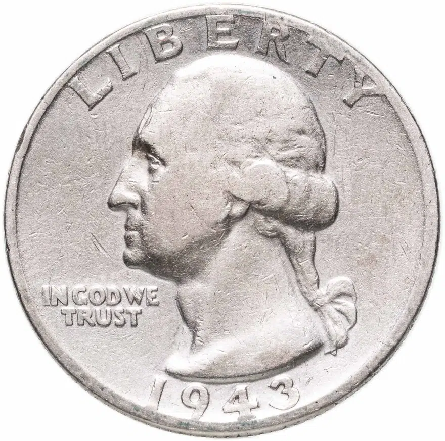 США 25 центов (квотер, 1/4 доллара, quarter dollar) 1943 D Washington Quarter знак монетного двора: "D" - Денвер, аверс