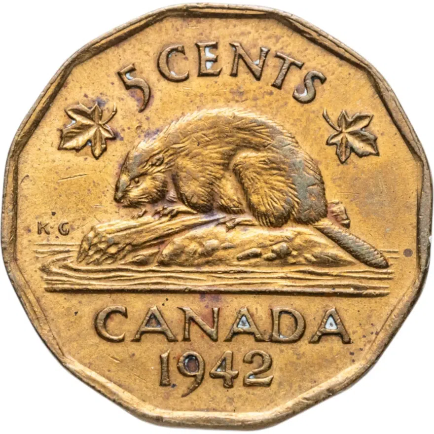 Канада 5 центов (cents) 1942 12-угольник /красный цвет/, аверс